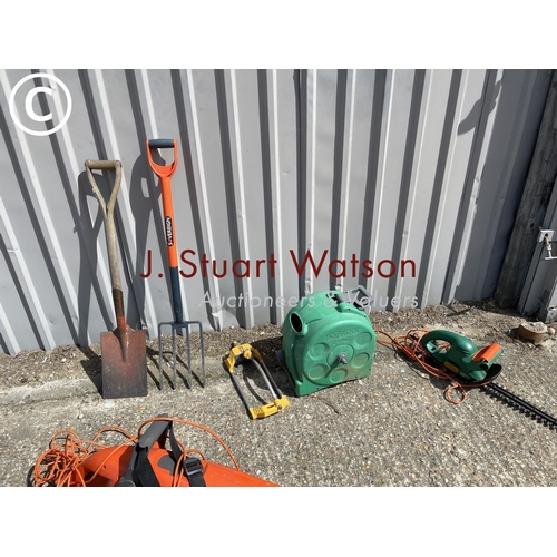 114 - Flymo, hedger, blower, spade, fork, hose and sprinkler