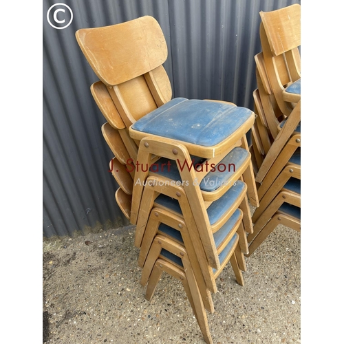 156 - 10 vintage bent ply stacking chairs with blue seats