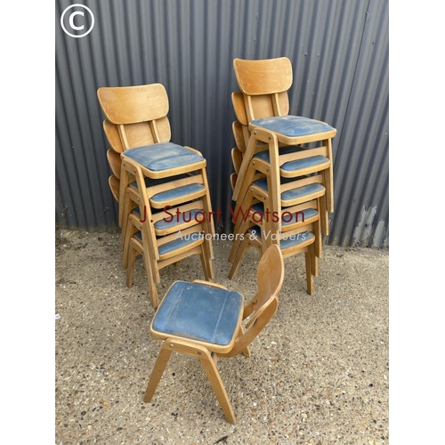 157 - 10 vintage bent ply stacking chairs with blue seats