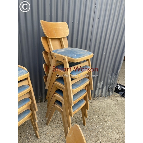 157 - 10 vintage bent ply stacking chairs with blue seats