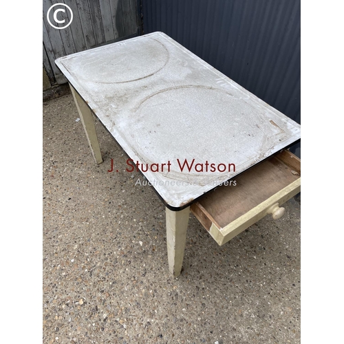 181 - A vintage painted kitchen table with enamel top and drawer to each end