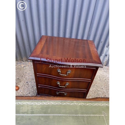 19 - A reproduction yew bureau together with mahogany bedside chest of three and a repro coffee table