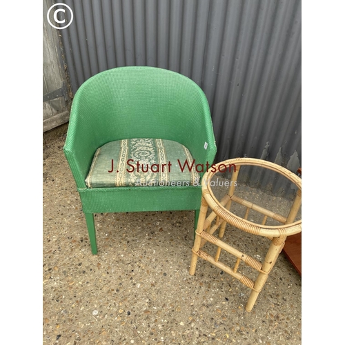 235 - Green painted chair, bamboo table and whatnot stand