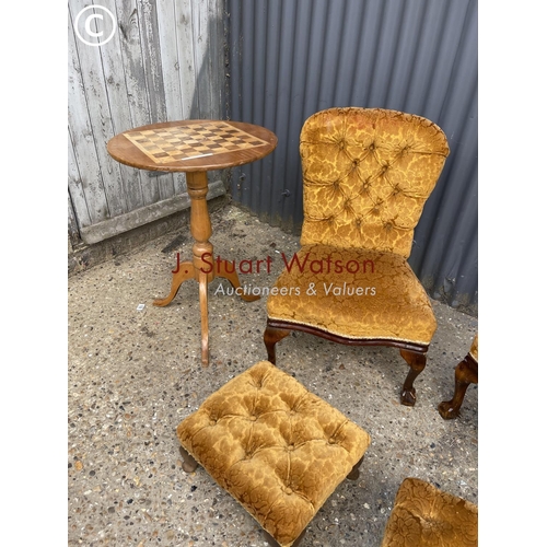 27 - A pair of gold buttoned chairs with stools, footstool and a games top occasional tabke AF