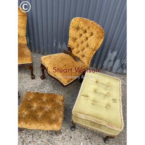 27 - A pair of gold buttoned chairs with stools, footstool and a games top occasional tabke AF