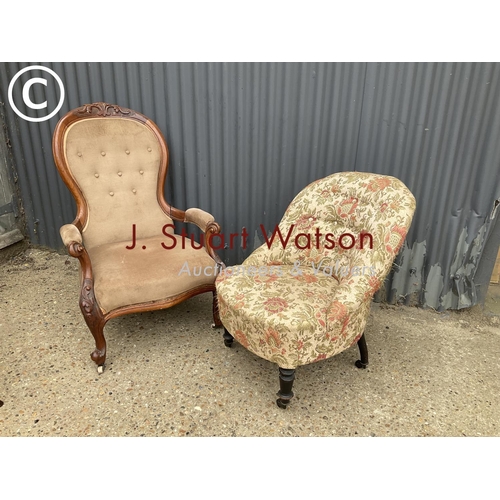 312 - A victorian mahogany framed spoon back chair together with a buttoned back bedroom chair