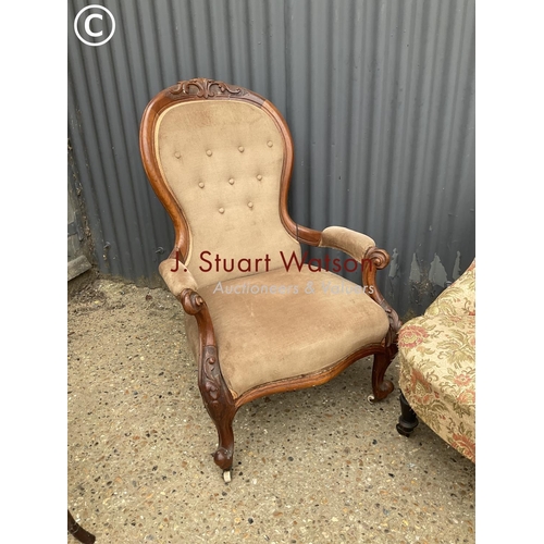 312 - A victorian mahogany framed spoon back chair together with a buttoned back bedroom chair