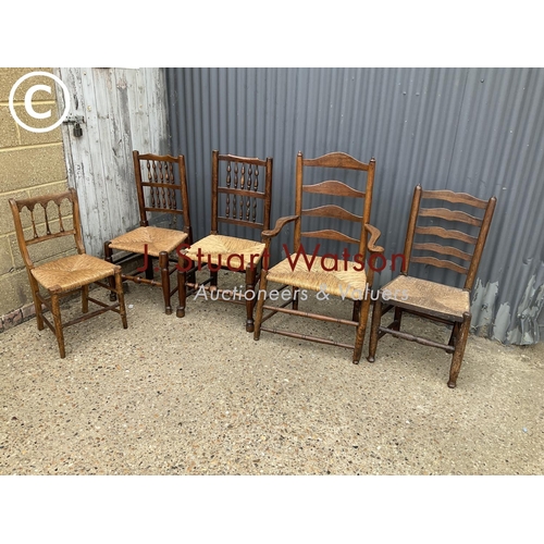 313 - Five assorted rush seat dining chairs including carver