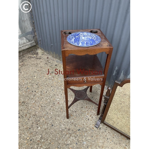 314 - An Edwardian mahogany washstand with blue and white bowl  together with an oak swing mirror