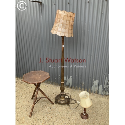 316 - Gilt standard lamp and shade together with bamboo table and a table lamp