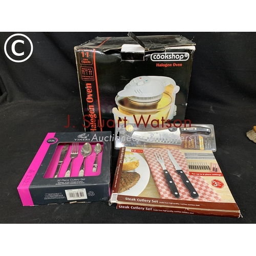 948 - Cook shop halogen oven as new, Viners cutlery set and steak cutlery set