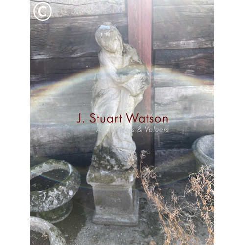 490C - A weathered concrete statue of a lady on plinth base