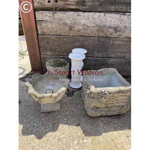 490N - Pedestal pot, brick and ivy planter and two white china stands