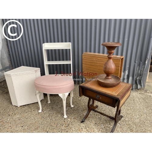 10 - Kitchen table, painted bookcase, stool, linen box, side table and ash stand