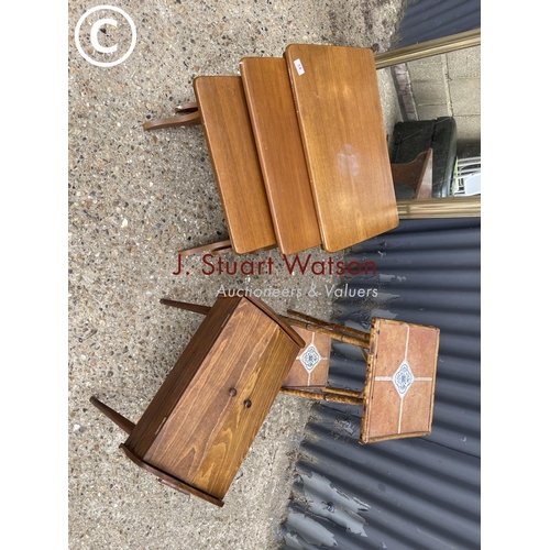 14 - Teak nest of three, retro sewing box, mirror and bamboo table