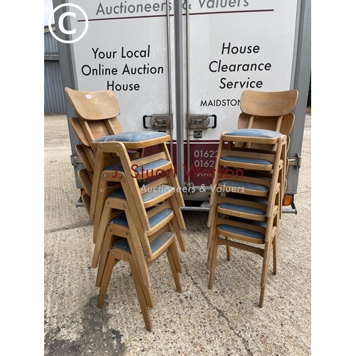 17 - A set of ten vintage bent ply stacking school chairs