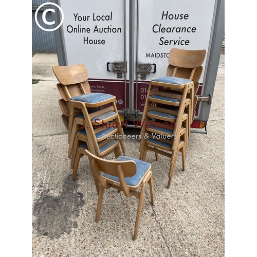 18 - A set of ten vintage bent ply stacking school chairs