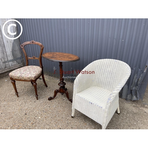182 - A Lloyd loom chair together with a tripod table and a victorian dining chair