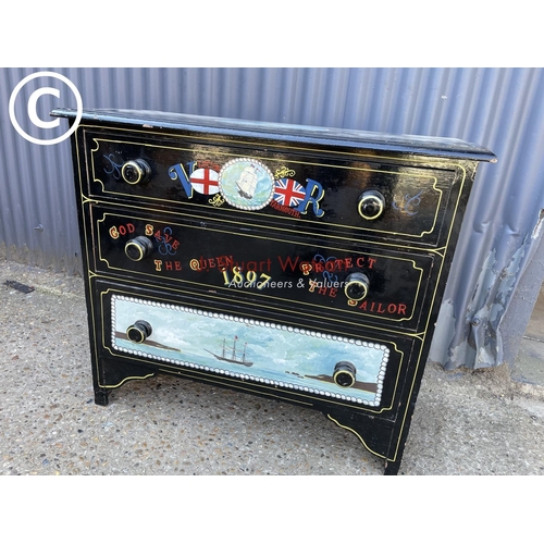 244 - A vintage pine chest of three drawers hand painted with ship scenes