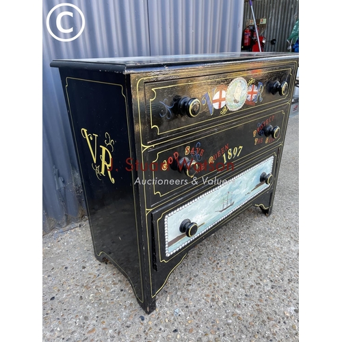 244 - A vintage pine chest of three drawers hand painted with ship scenes