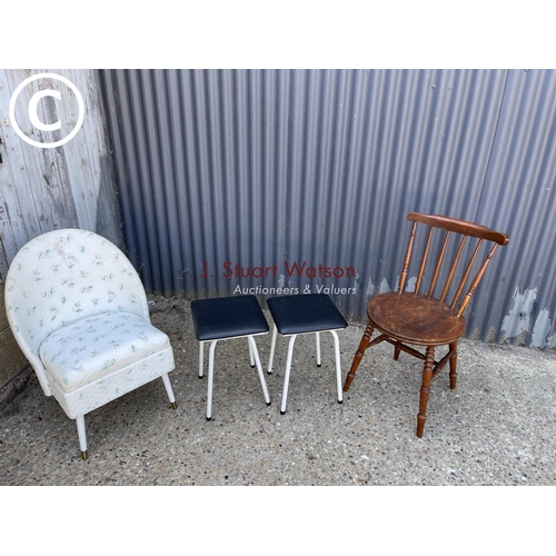 280 - Bedroom chair, two kitchen stools and stick back chair