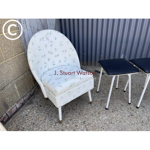 280 - Bedroom chair, two kitchen stools and stick back chair