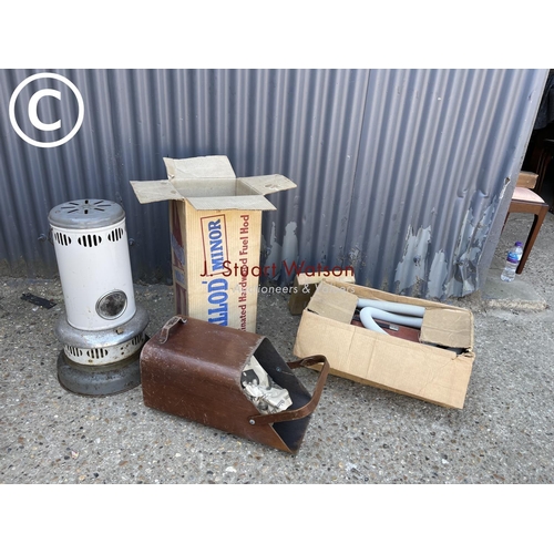 281 - Vintage heater, boxed hoover and coal scuttle