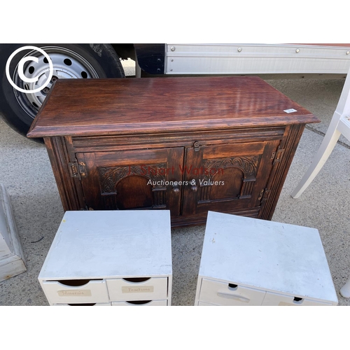 321 - Small oak cupboard, painted trunk, painted chair and three painted drawers