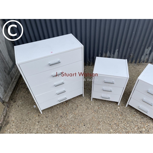 39 - Modern white chest of five drawers with matching pair of bedsides