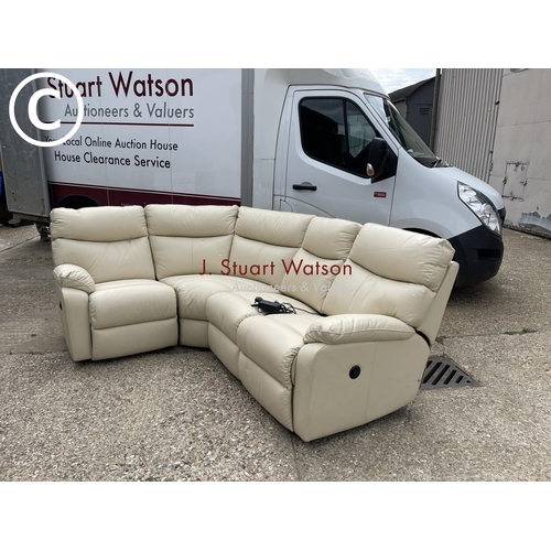 47 - A modern cream leather effect corner sofa with electric recline and foot rest function.