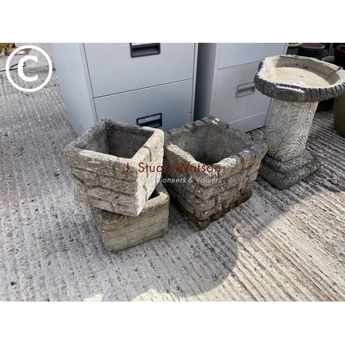 487 - Concrete bird bath and three brick effect planters