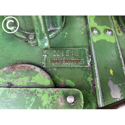 499 - A vintage green three pump oil dispensing cabinet, together with copper funnels and oil jug