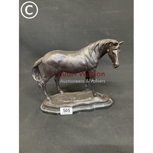 505 - Bronze horse on marble base, height 23cms, length 25cms
