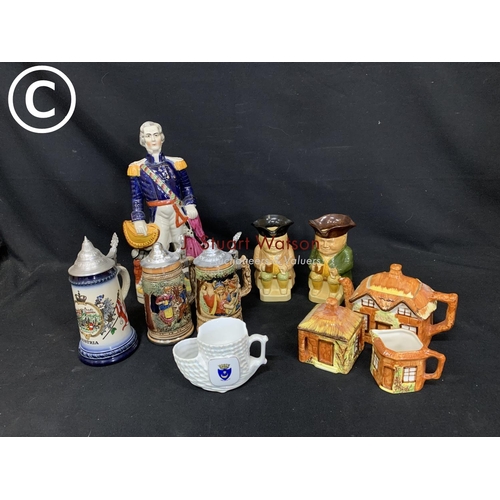 577 - General Napier Staffordshire Figure, Head repaired, 2 Tony Woods Tobies, Cottage teaset, 3 beer stei... 