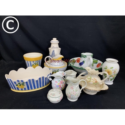 579 - Portmeirion vase, vegetable pattern jug and bowl, (bowl with crazing) pasta pot, lemon patterned chi... 