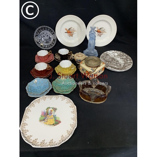 593 - Part decorative teaware, decorative plates, cut to clear amber bowl, barrel and pot