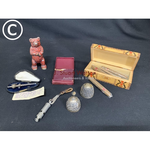 595 - Wooden box and cigars, playing cards, tap, metropolitan whistle and metalware