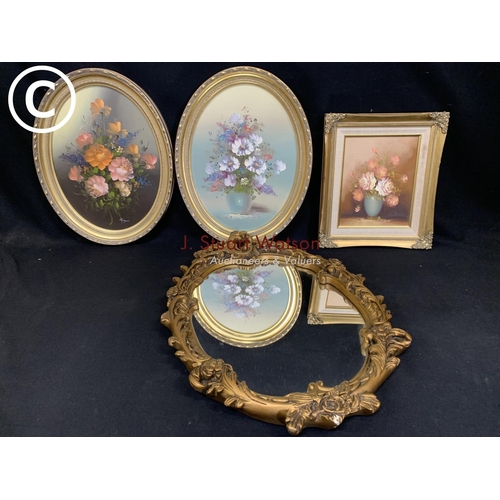 596 - Gilt framed mirror and 3 gilt framed oils of flowers