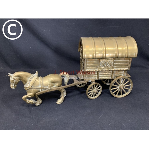 599 - Very heavy brass horse and caravan, length 52cms, height 28cms