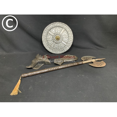 601 - Decorative axe and 3 metal wall plaques