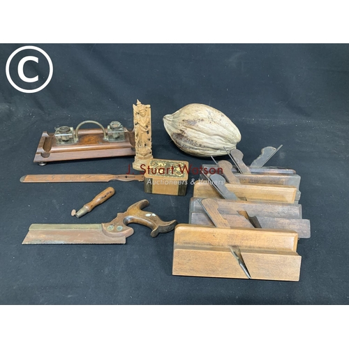 757 - Vintage wooden Inkwell stand, Turner dovetail saw, wooden moulding planes, wooden page turner, orien... 