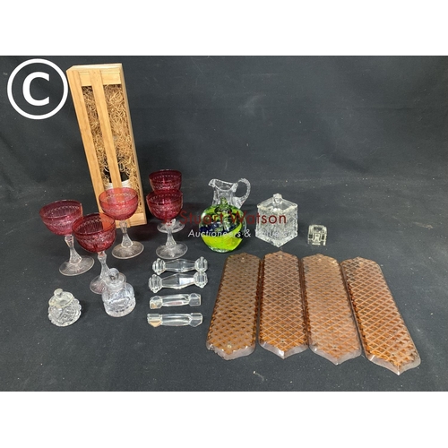 759 - Boxed wine bottle, 5 cranberry glasses, knife rests, lidded pots, ink well, 4 vintage cut amber glas... 
