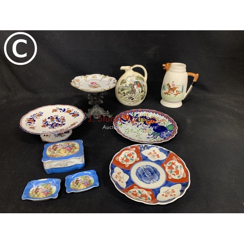 764 - Two Imari plates, Japanica Comport, floral and gilt plate on metal stand, trinket ware and two hunti... 