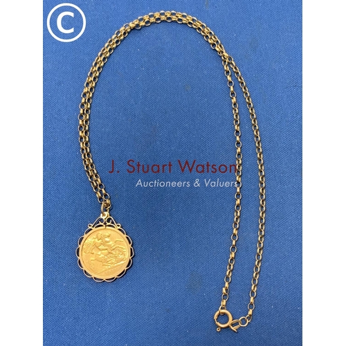 813 - 1911 George V Half Gold Sovereign in pendant mount on 9ct Gold chain, total weight 9.9 gms