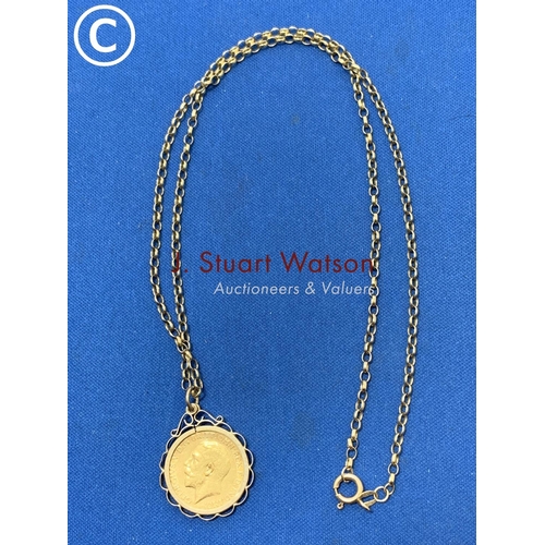 813 - 1911 George V Half Gold Sovereign in pendant mount on 9ct Gold chain, total weight 9.9 gms