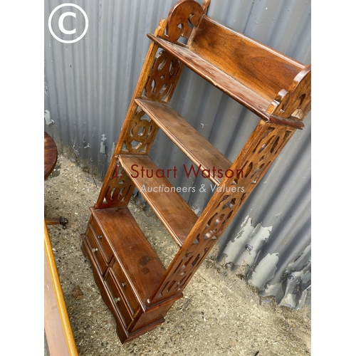 90 - A windsor carver chair, three yew coffee tables and mahogany wall rack