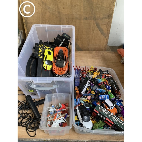 919 - Large box of model cars, box of Aeroplane models, Scalextric track and two cars