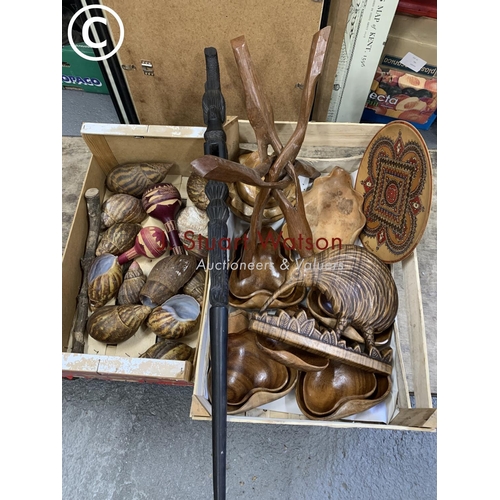 1003 - Two trays of woodenware and shells