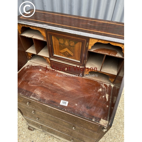 105 - A Georgian mahogany inlaid bureau (lackimg front) with decorative interior