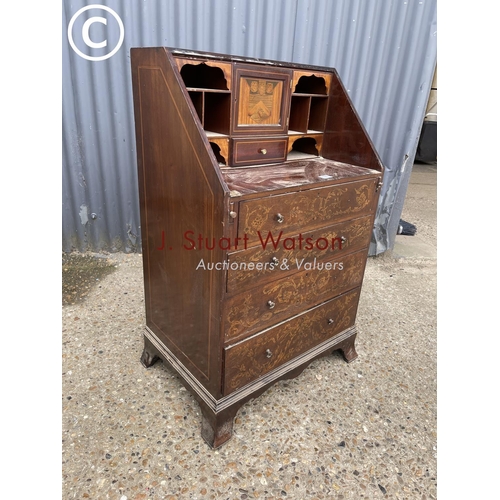 105 - A Georgian mahogany inlaid bureau (lackimg front) with decorative interior